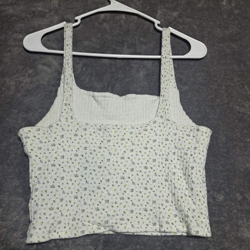 American Eagle Floral Ribbed Crop Tank Top White Blue Yellow Large Cottagecore - Picture 2 of 5